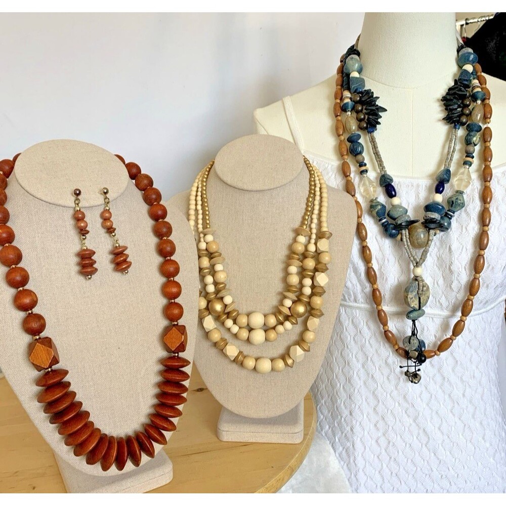 Boho Wooden Bead Necklace Lot Taiwan ROC Set Statement Layering Artisan 6pc